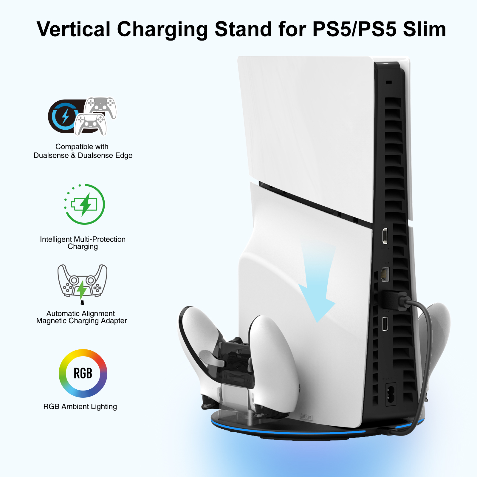 Honcam Vertical Stand for PS5/Slim Disc Digital Console with Dualsense/Edge Controller Charging Dock Rgb Light